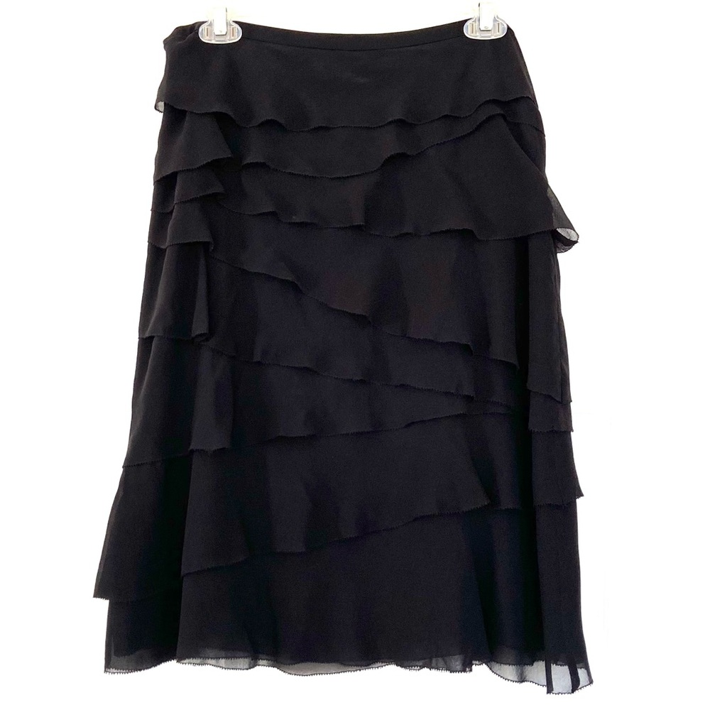 BCBGMaxAzria Black Silk Tiered Skirt Midi Elegant Evening Romantic, Size 8